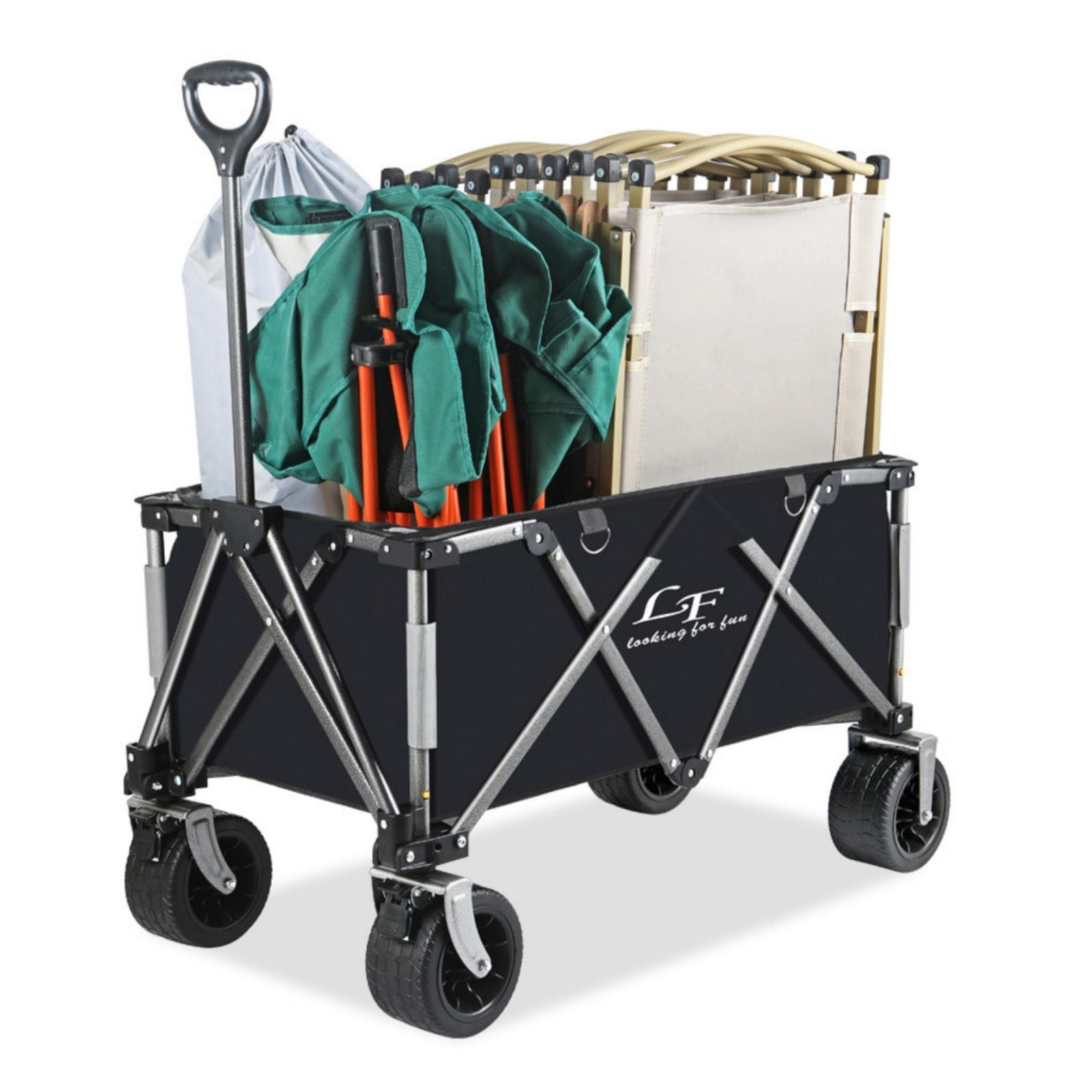 Heavy Duty Folding Cart, Large Capacity Collapsible Wagon with Double Brakes Utility Cart with All Terrain Wheels for Camping, Garden, Beach Day, Picnics, Shopping, Outdoor Use