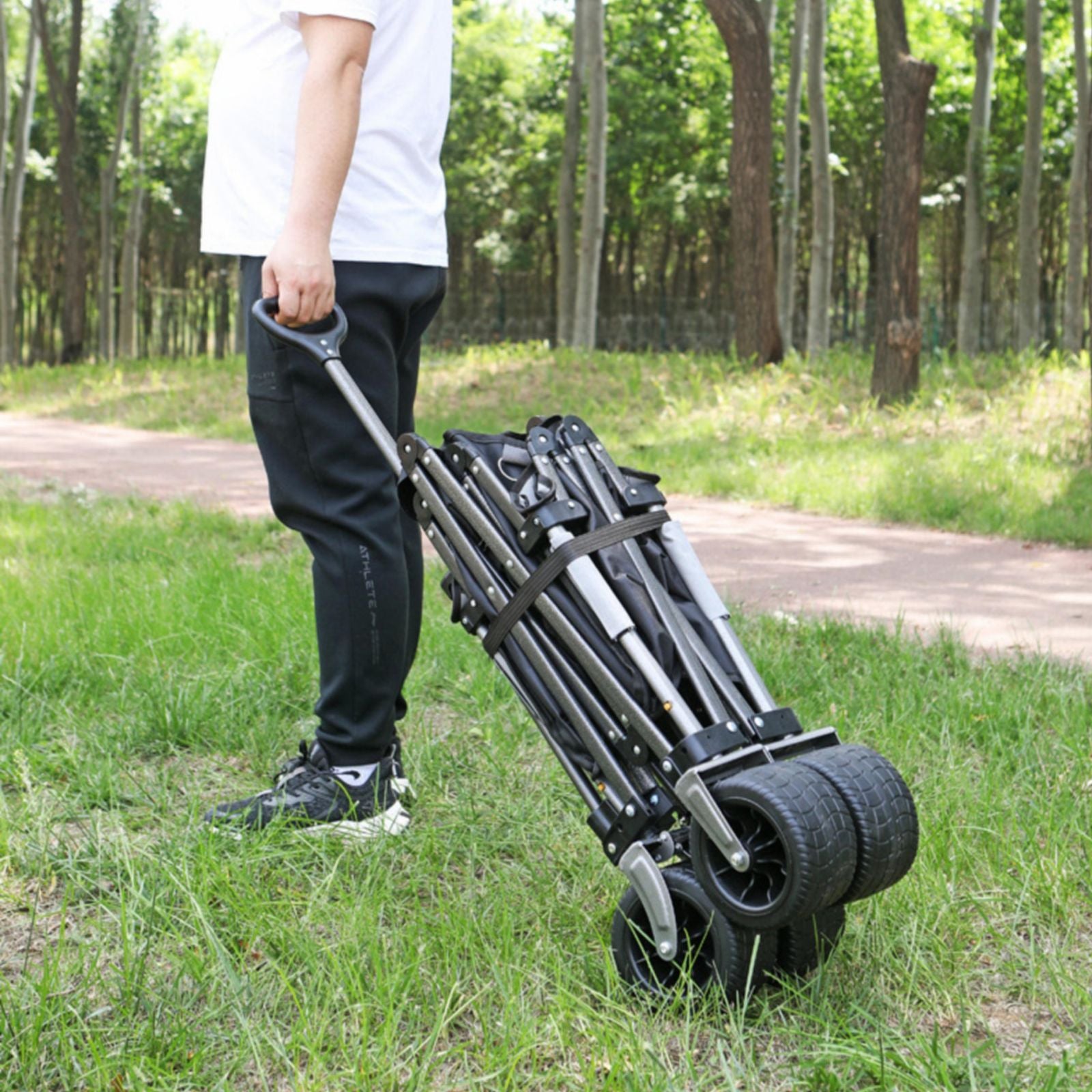 Heavy Duty Folding Cart, Large Capacity Collapsible Wagon with Double Brakes Utility Cart with All Terrain Wheels for Camping, Garden, Beach Day, Picnics, Shopping, Outdoor Use