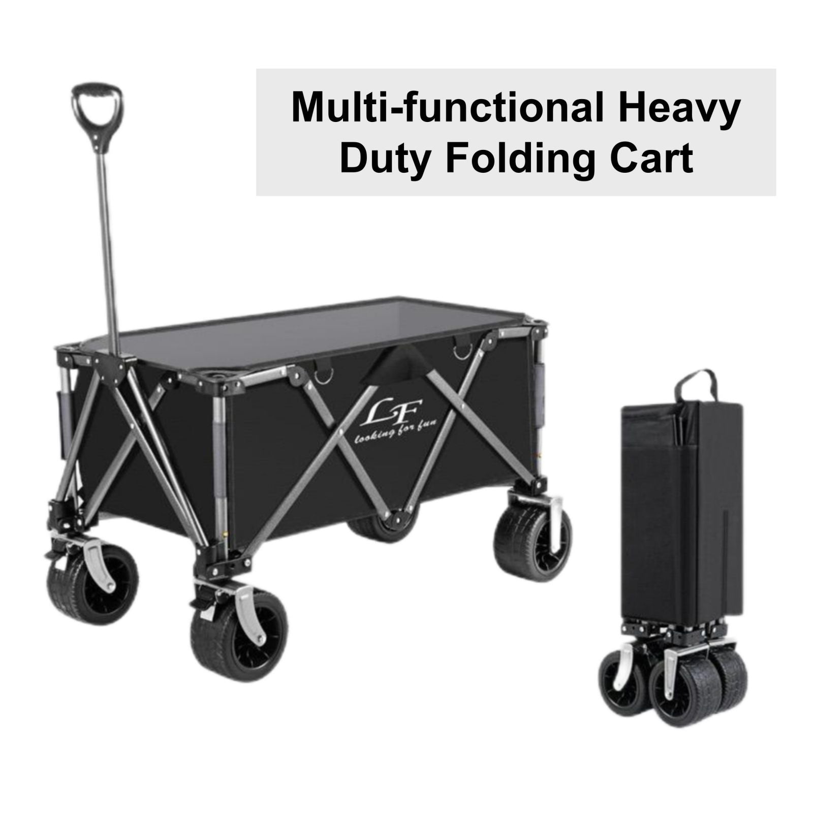 Heavy Duty Folding Cart, Large Capacity Collapsible Wagon with Double Brakes Utility Cart with All Terrain Wheels for Camping, Garden, Beach Day, Picnics, Shopping, Outdoor Use