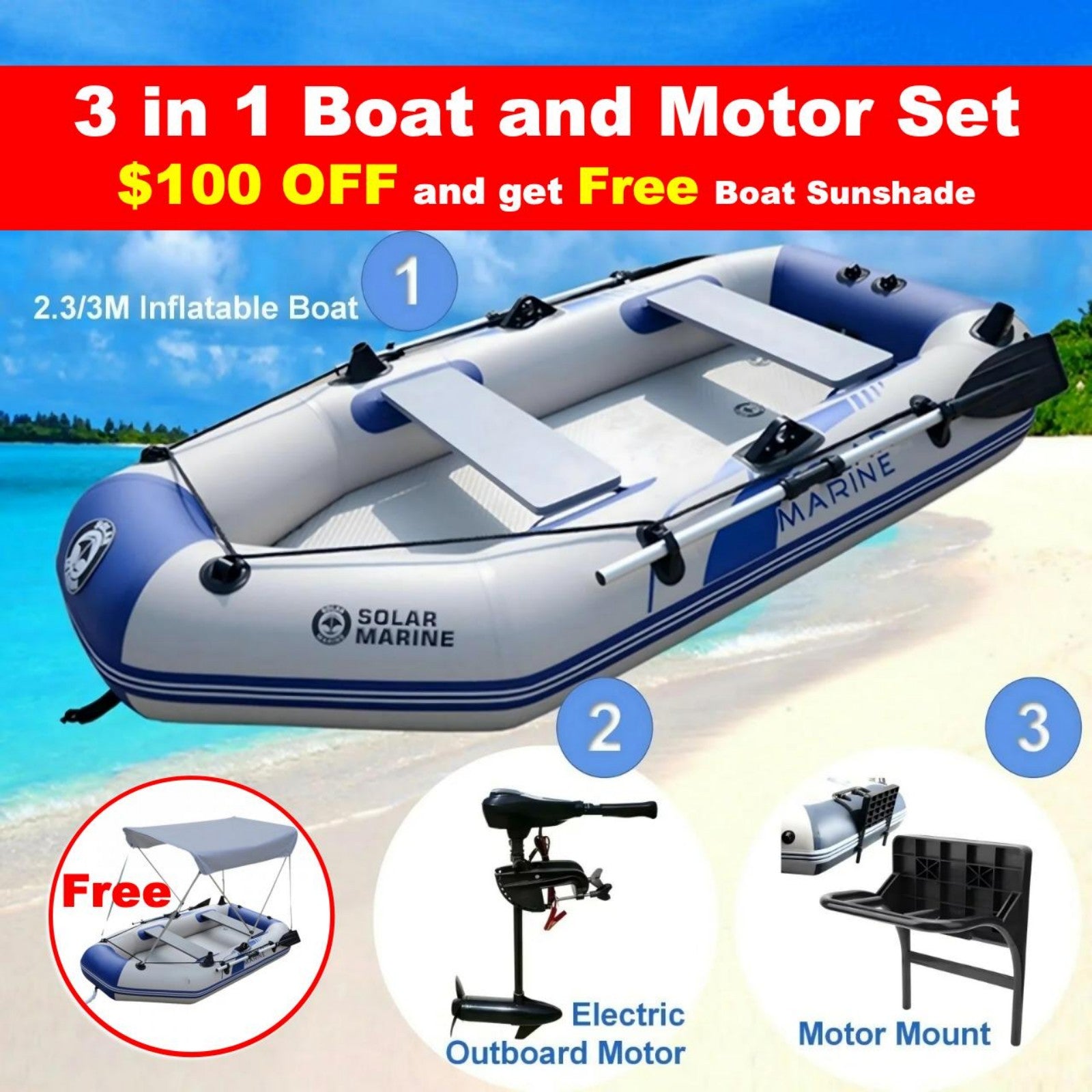 Solar Marine Inflatable Boat + 40LBS/ 66LBS/ 86LBS Electric Trolling Motor + Motor Mount 3in1 Set