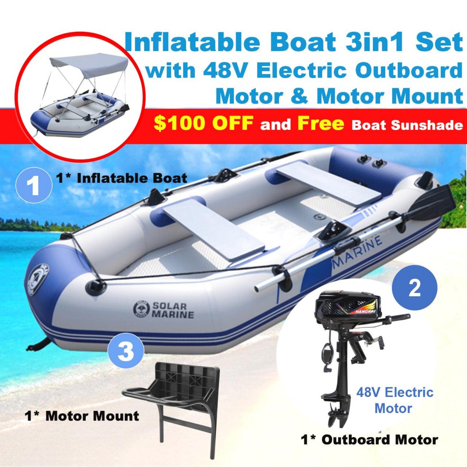 Solar Marine 2.3M/3.0M/3.6M Inflatable Boat + New HANGKAI 4.0HP Electric Motor + Motor Mount 3in1 Set