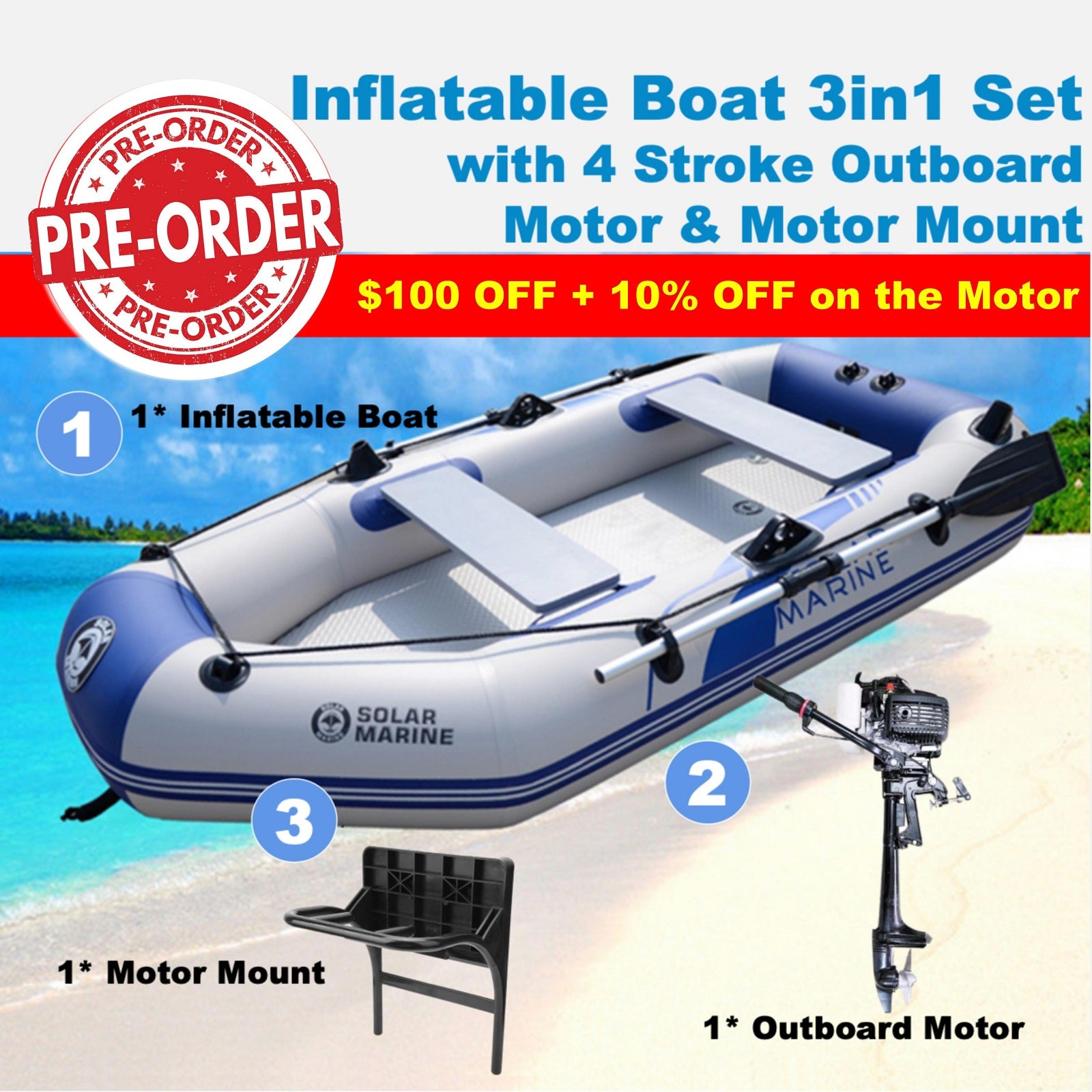 Solar Marine 2.3M/3.0M/3.6M Inflatable Boat + 4 Stroke Outboard Motor + Motor Mount 3in1 Set (Presale)