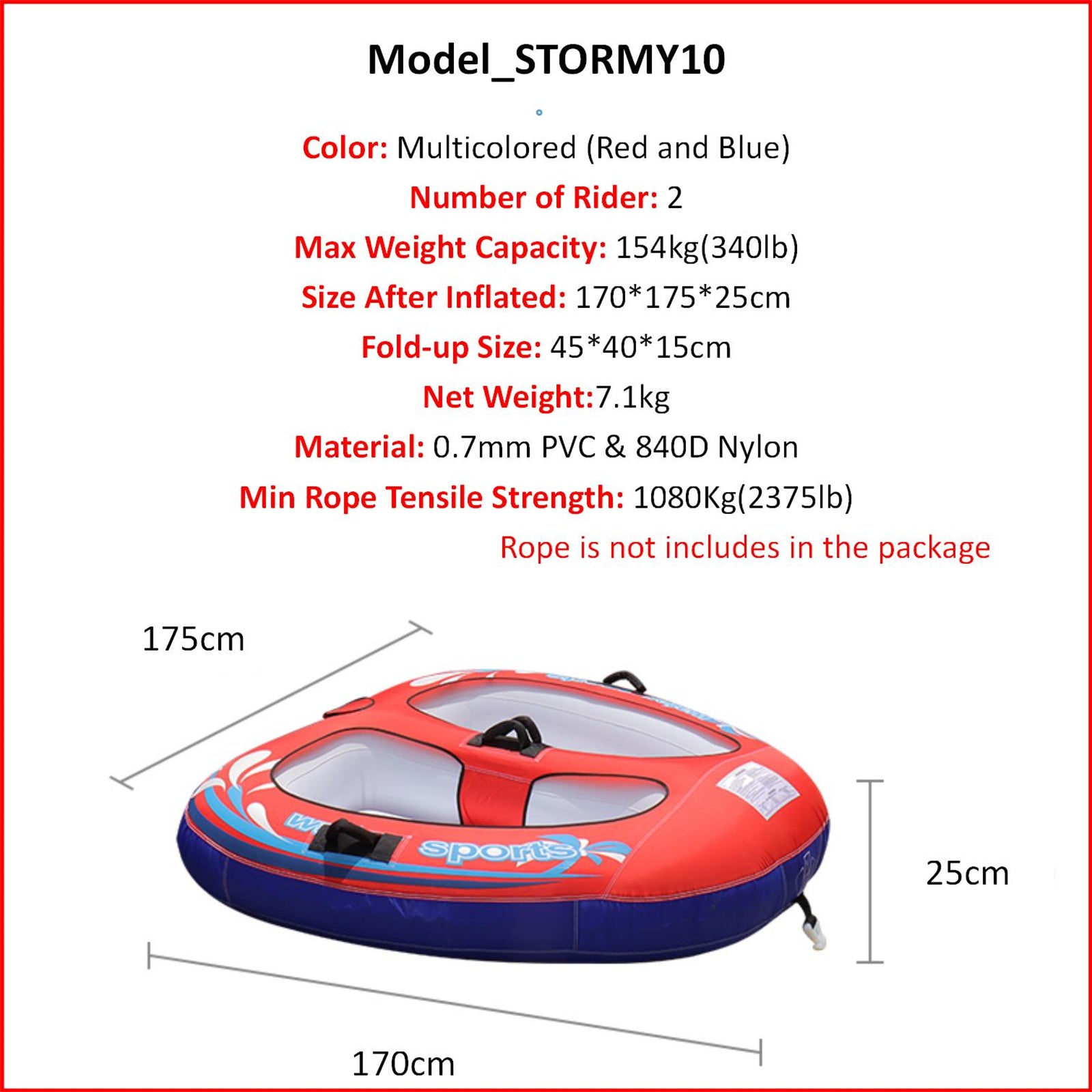 2-Rider Inflatable Towable Booster Tube with Front Tow Point Water Boating Float Tow Raft