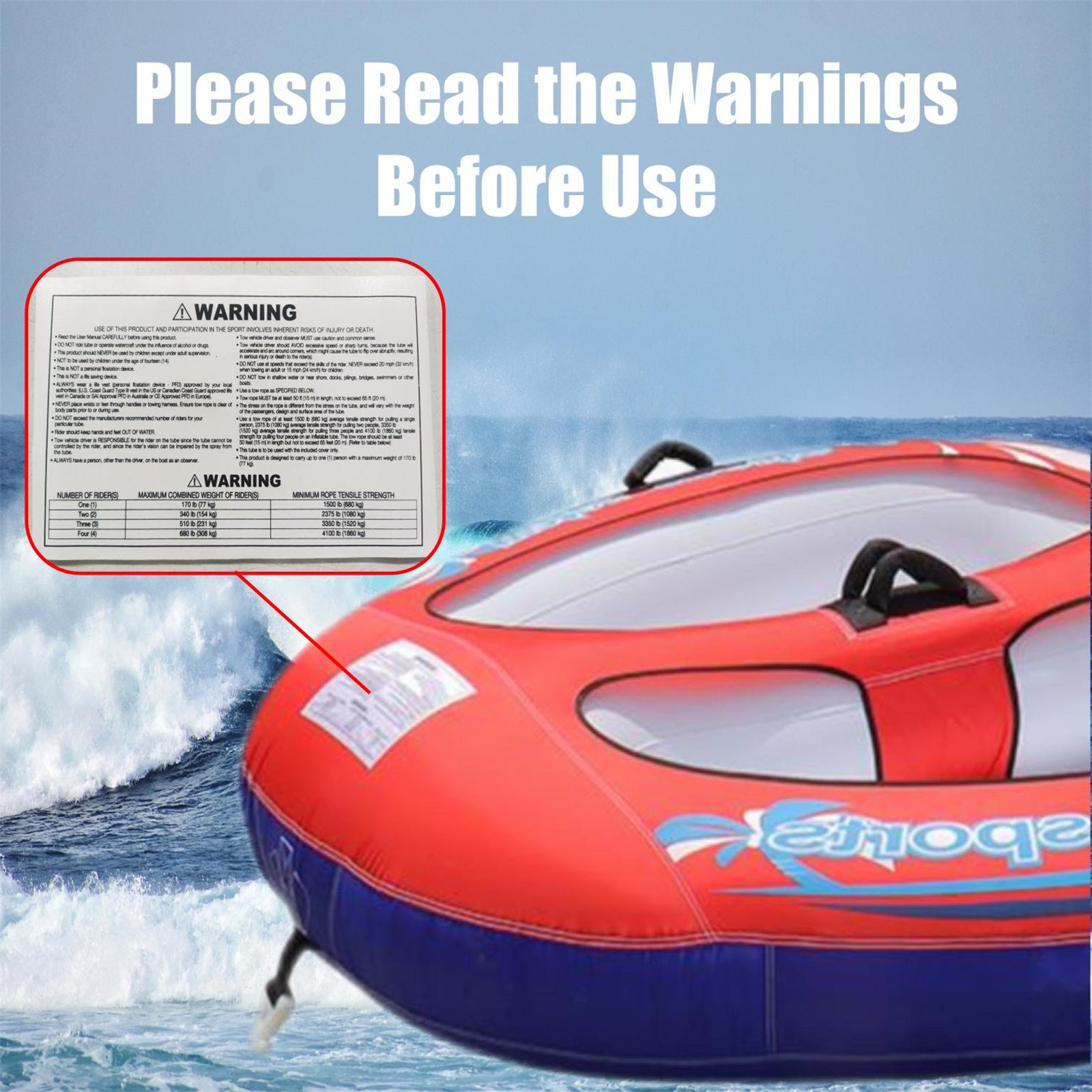 2-Rider Inflatable Towable Booster Tube with Front Tow Point Water Boating Float Tow Raft