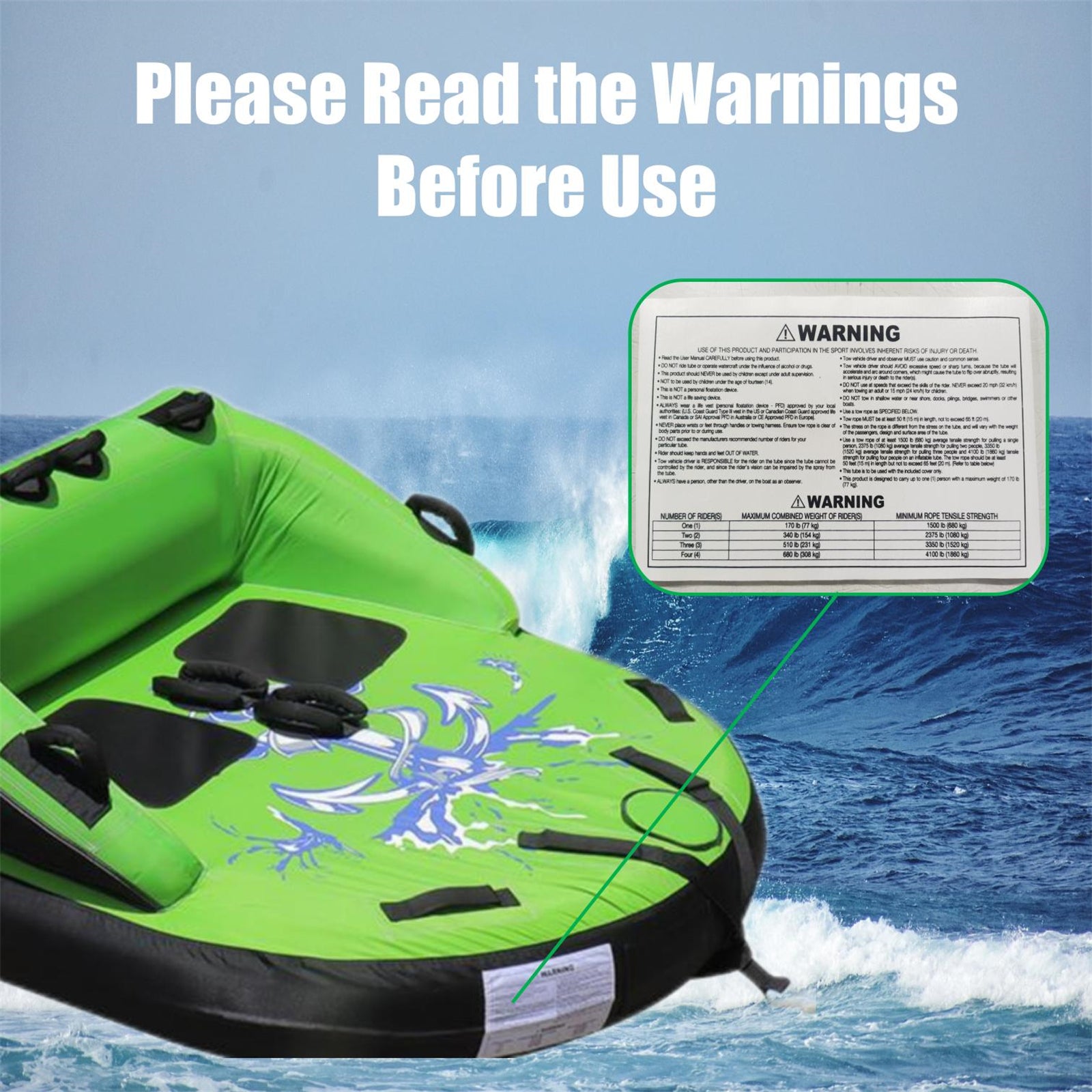 2-Rider Inflatable Towable Booster Tube with Front Tow Point Water Boating Float Tow Raft